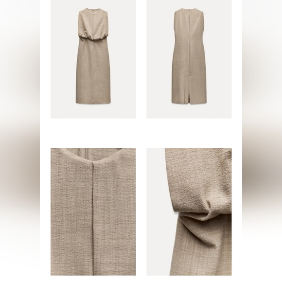 Zara ZW Collection  Elegant Tan Sleeveless Pleated Wool Blend Midi Dress Sz-XL - Picture 5 of 11